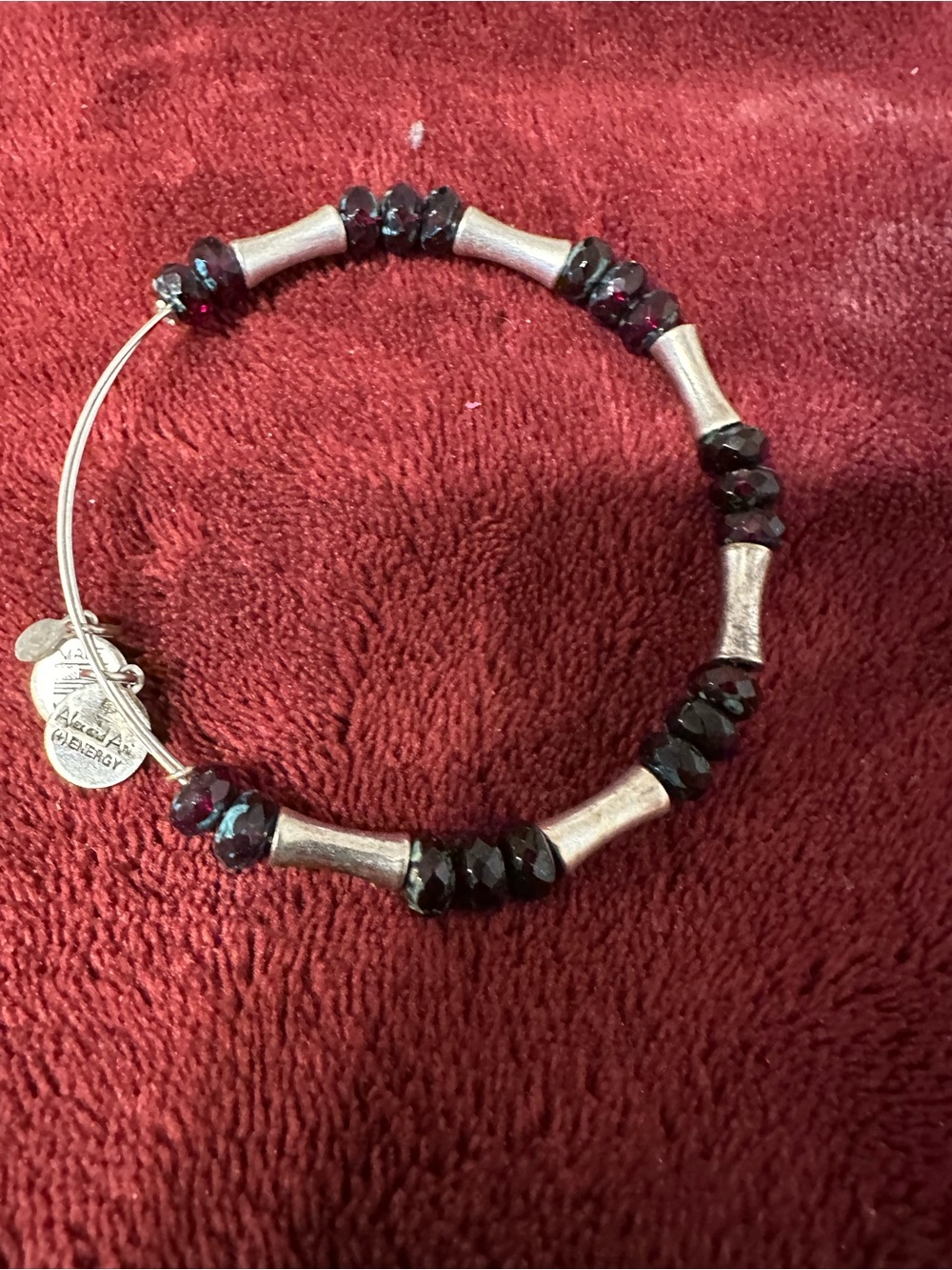 Alex and Ani garnet Faceted Bead and Silver-Tone Tube Bangle